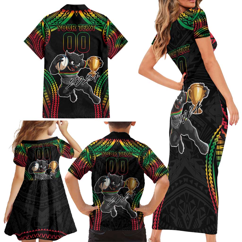 Custom Panthers Champion Grand Final 2024 Family Matching Short Sleeve Bodycon Dress and Hawaiian Shirt With Polynesian Style