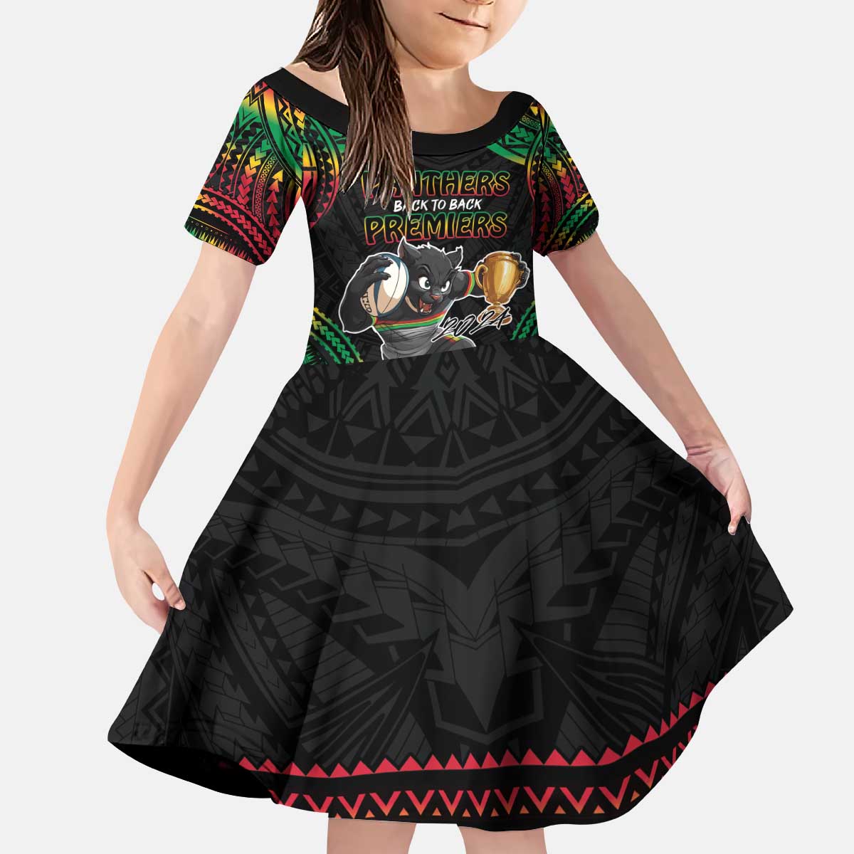 Custom Panthers Champion Grand Final 2024 Kid Short Sleeve Dress With Polynesian Style