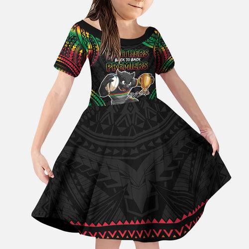 Custom Panthers Champion Grand Final 2024 Kid Short Sleeve Dress With Polynesian Style
