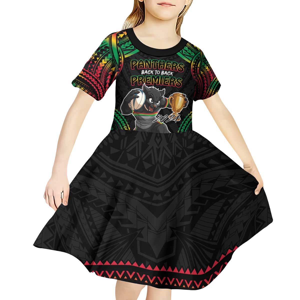Custom Panthers Champion Grand Final 2024 Kid Short Sleeve Dress With Polynesian Style