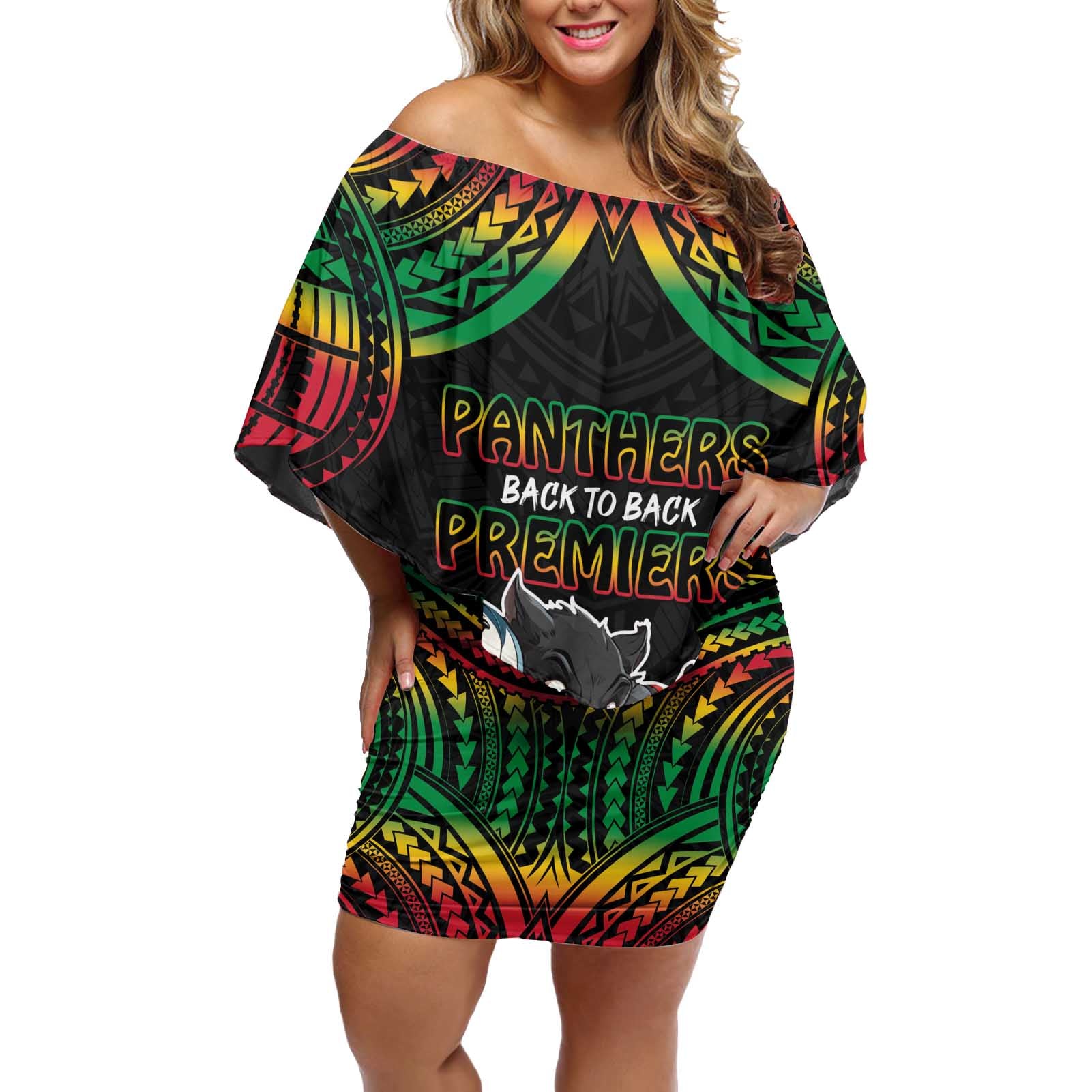Custom Panthers Champion Grand Final 2024 Off Shoulder Short Dress With Polynesian Style