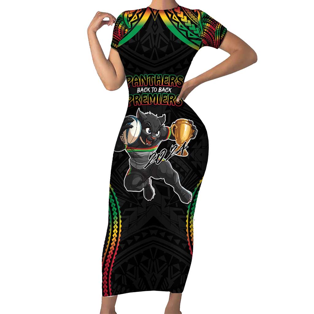 Custom Panthers Champion Grand Final 2024 Short Sleeve Bodycon Dress With Polynesian Style