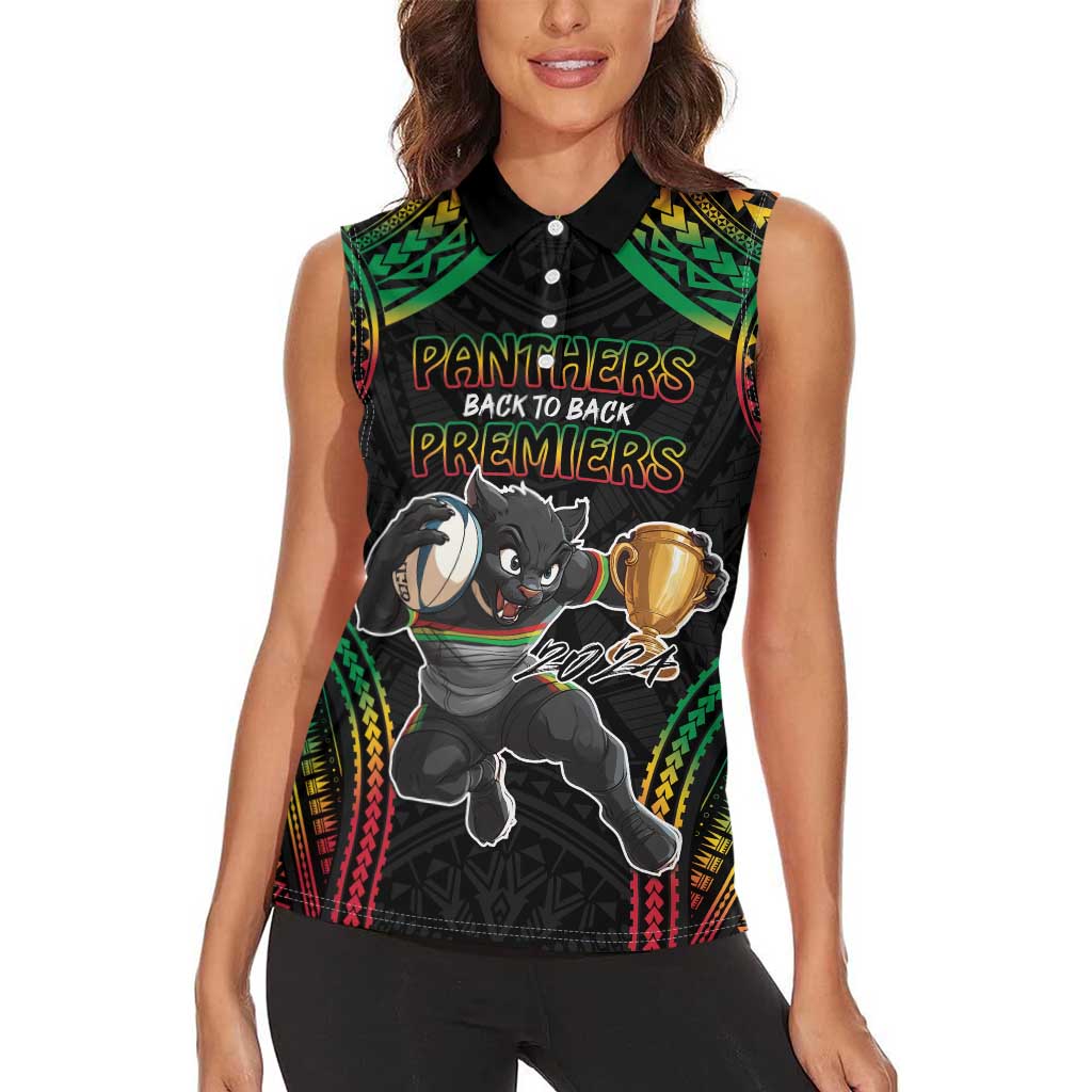 Custom Panthers Champion Grand Final 2024 Women Sleeveless Polo Shirt With Polynesian Style