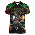 Custom Panthers Champion Grand Final 2024 Women V-Neck T-Shirt With Polynesian Style