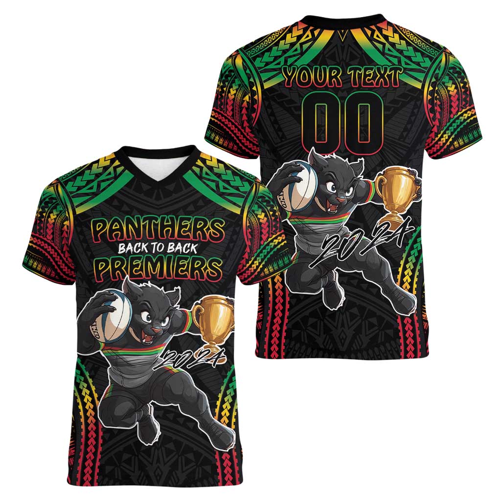 Custom Panthers Champion Grand Final 2024 Women V-Neck T-Shirt With Polynesian Style