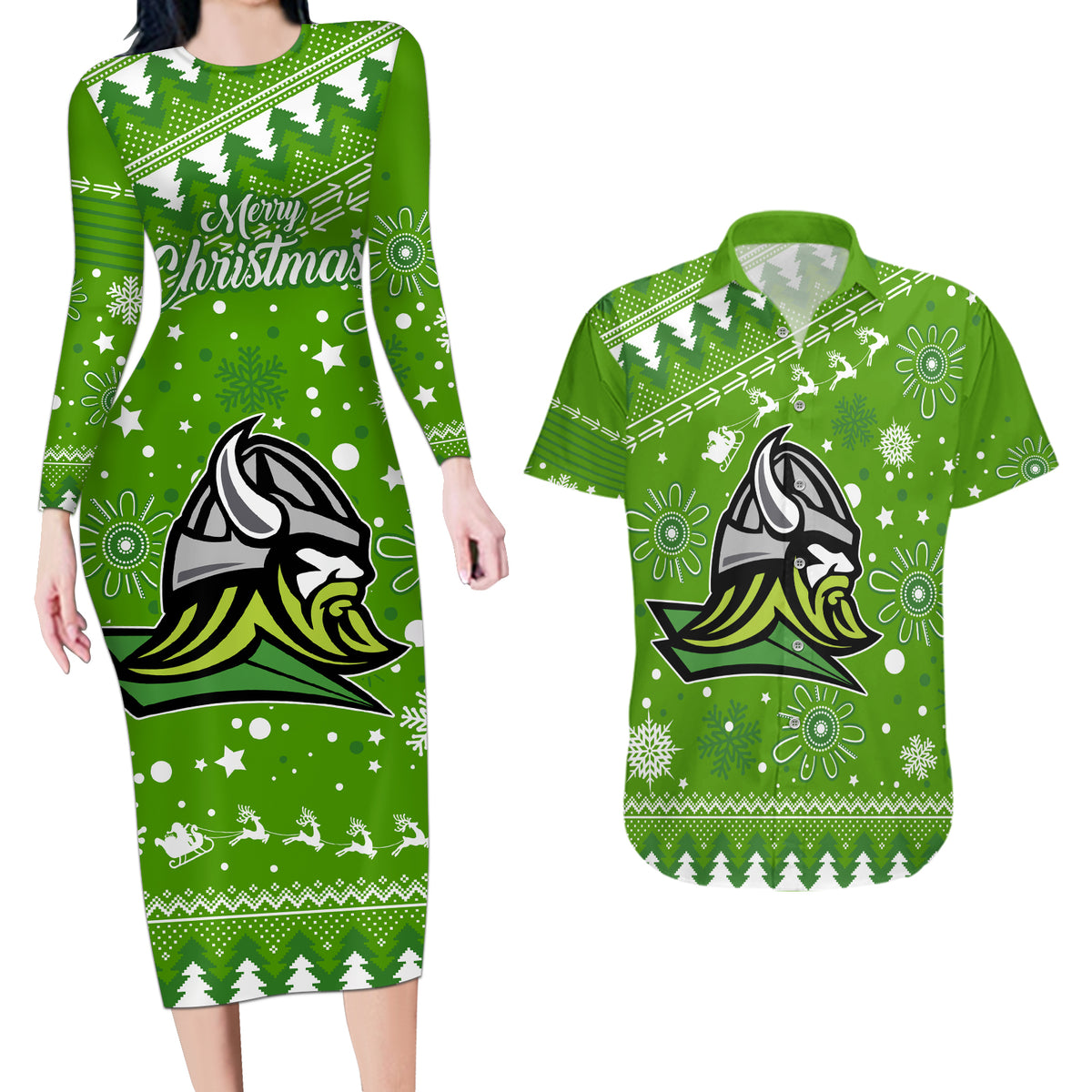 raiders-rugby-couples-matching-long-sleeve-bodycon-dress-and-hawaiian-shirt-the-mighty-green-machine-2023-christmas-vibe