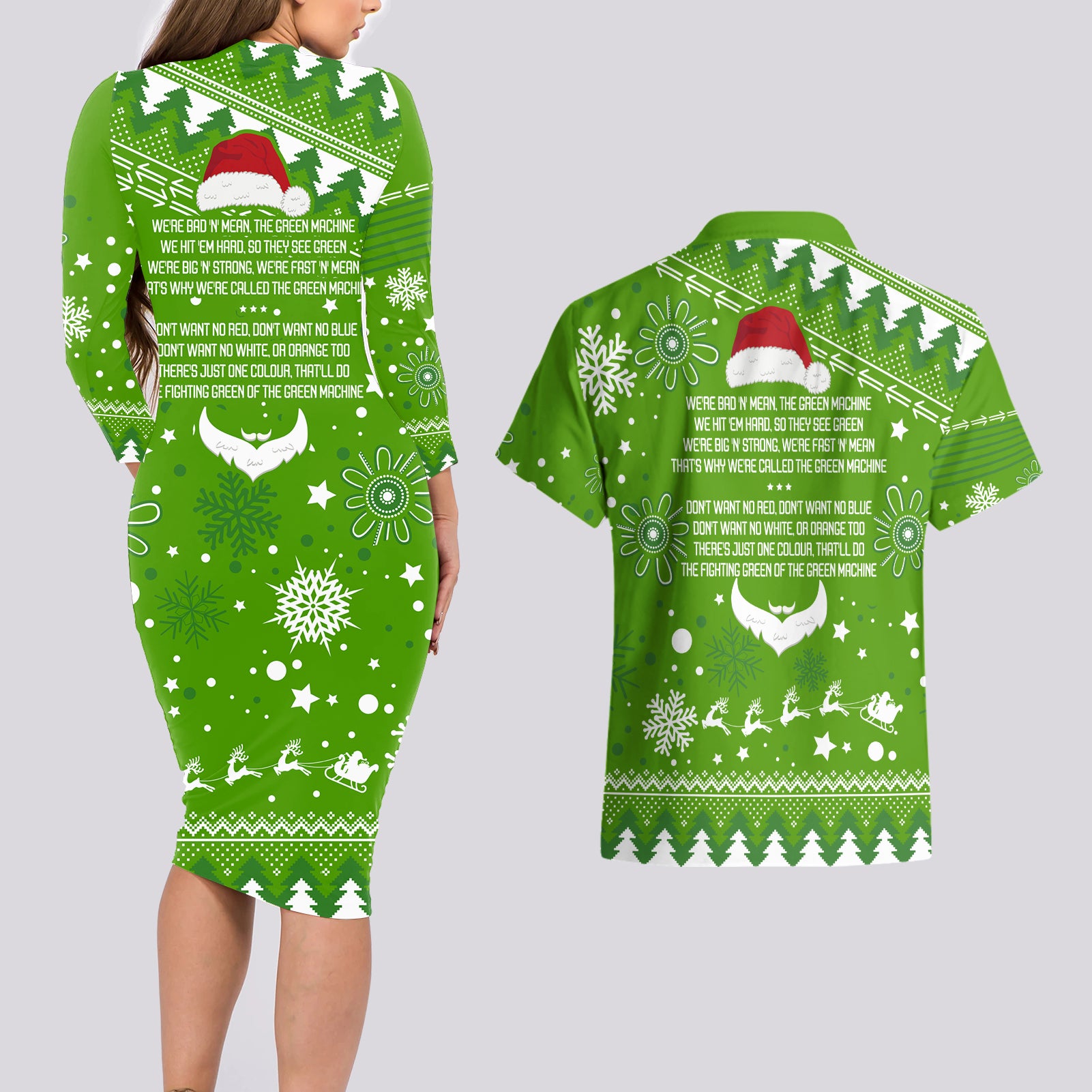 raiders-rugby-couples-matching-long-sleeve-bodycon-dress-and-hawaiian-shirt-the-mighty-green-machine-2023-christmas-vibe