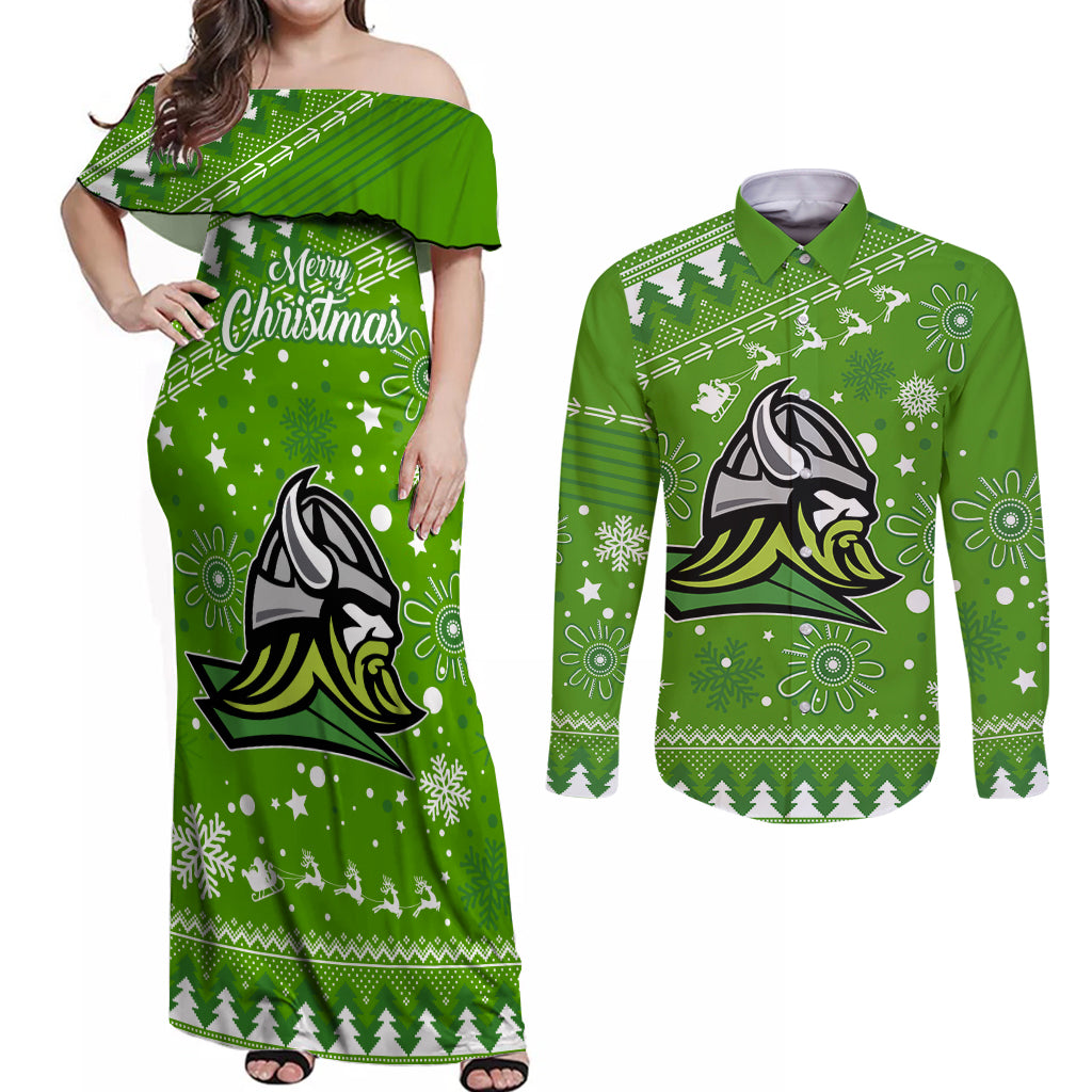 raiders-rugby-couples-matching-off-shoulder-maxi-dress-and-long-sleeve-button-shirt-the-mighty-green-machine-2023-christmas-vibe