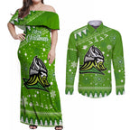 raiders-rugby-couples-matching-off-shoulder-maxi-dress-and-long-sleeve-button-shirt-the-mighty-green-machine-2023-christmas-vibe