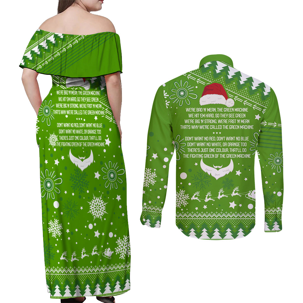 raiders-rugby-couples-matching-off-shoulder-maxi-dress-and-long-sleeve-button-shirt-the-mighty-green-machine-2023-christmas-vibe