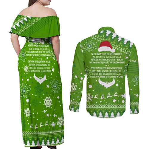 raiders-rugby-couples-matching-off-shoulder-maxi-dress-and-long-sleeve-button-shirt-the-mighty-green-machine-2023-christmas-vibe