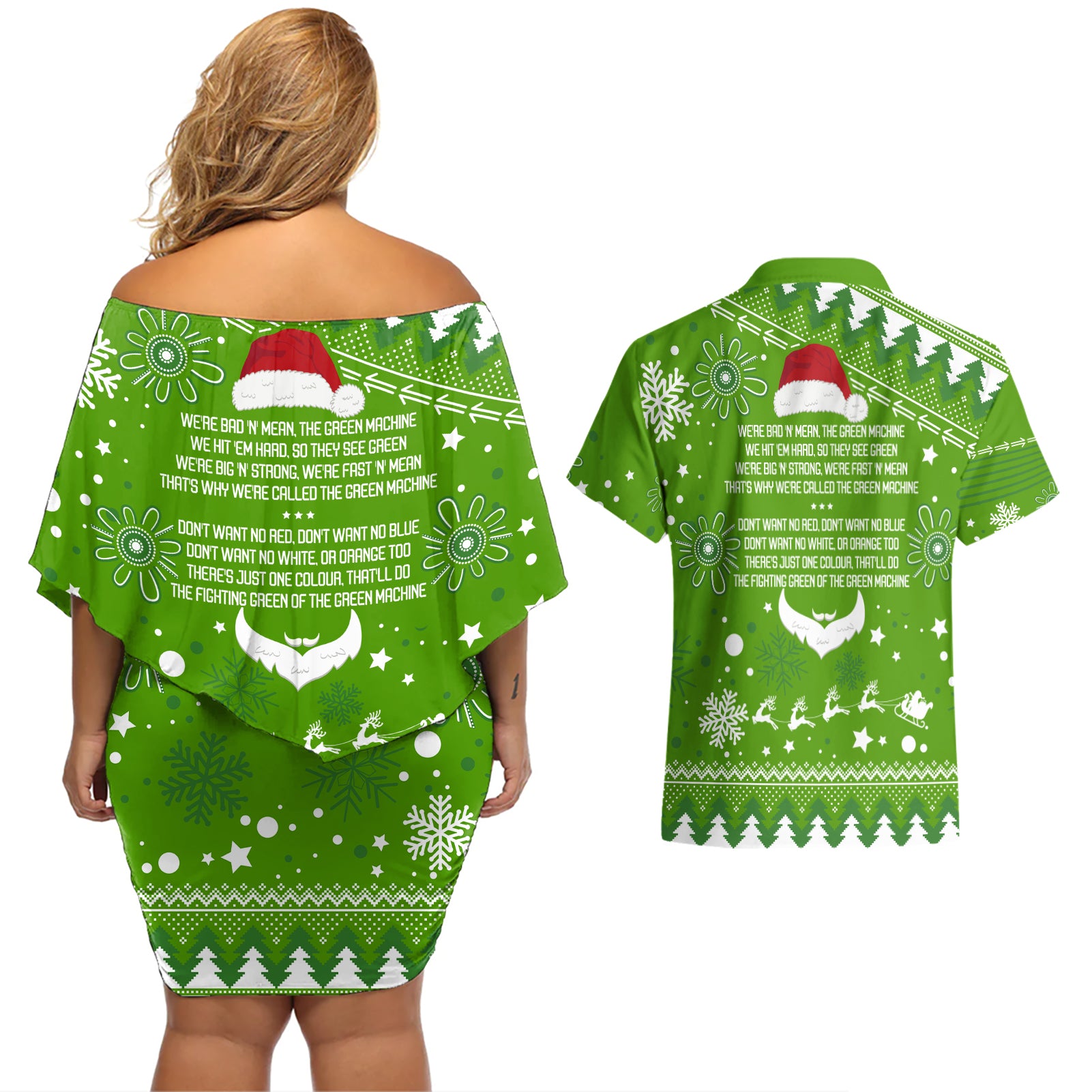 raiders-rugby-couples-matching-off-shoulder-short-dress-and-hawaiian-shirt-the-mighty-green-machine-2023-christmas-vibe