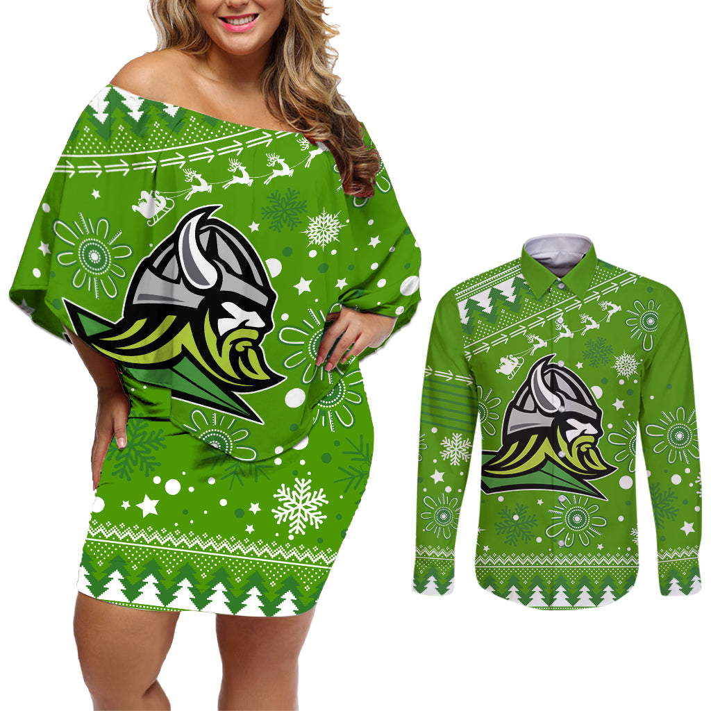 raiders-rugby-couples-matching-off-shoulder-short-dress-and-long-sleeve-button-shirt-the-mighty-green-machine-2023-christmas-vibe