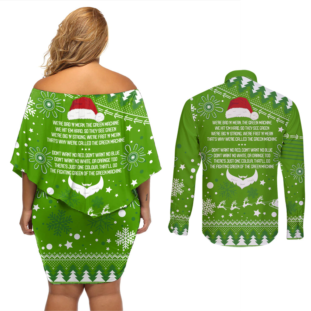 raiders-rugby-couples-matching-off-shoulder-short-dress-and-long-sleeve-button-shirt-the-mighty-green-machine-2023-christmas-vibe