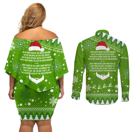 raiders-rugby-couples-matching-off-shoulder-short-dress-and-long-sleeve-button-shirt-the-mighty-green-machine-2023-christmas-vibe