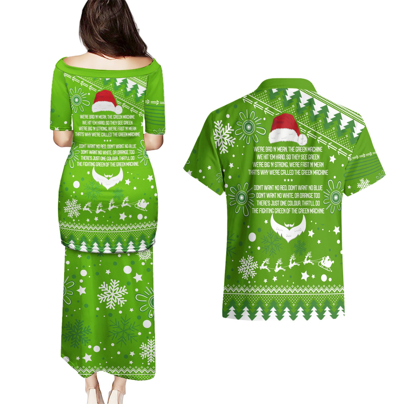 raiders-rugby-couples-matching-puletasi-dress-and-hawaiian-shirt-the-mighty-green-machine-2023-christmas-vibe
