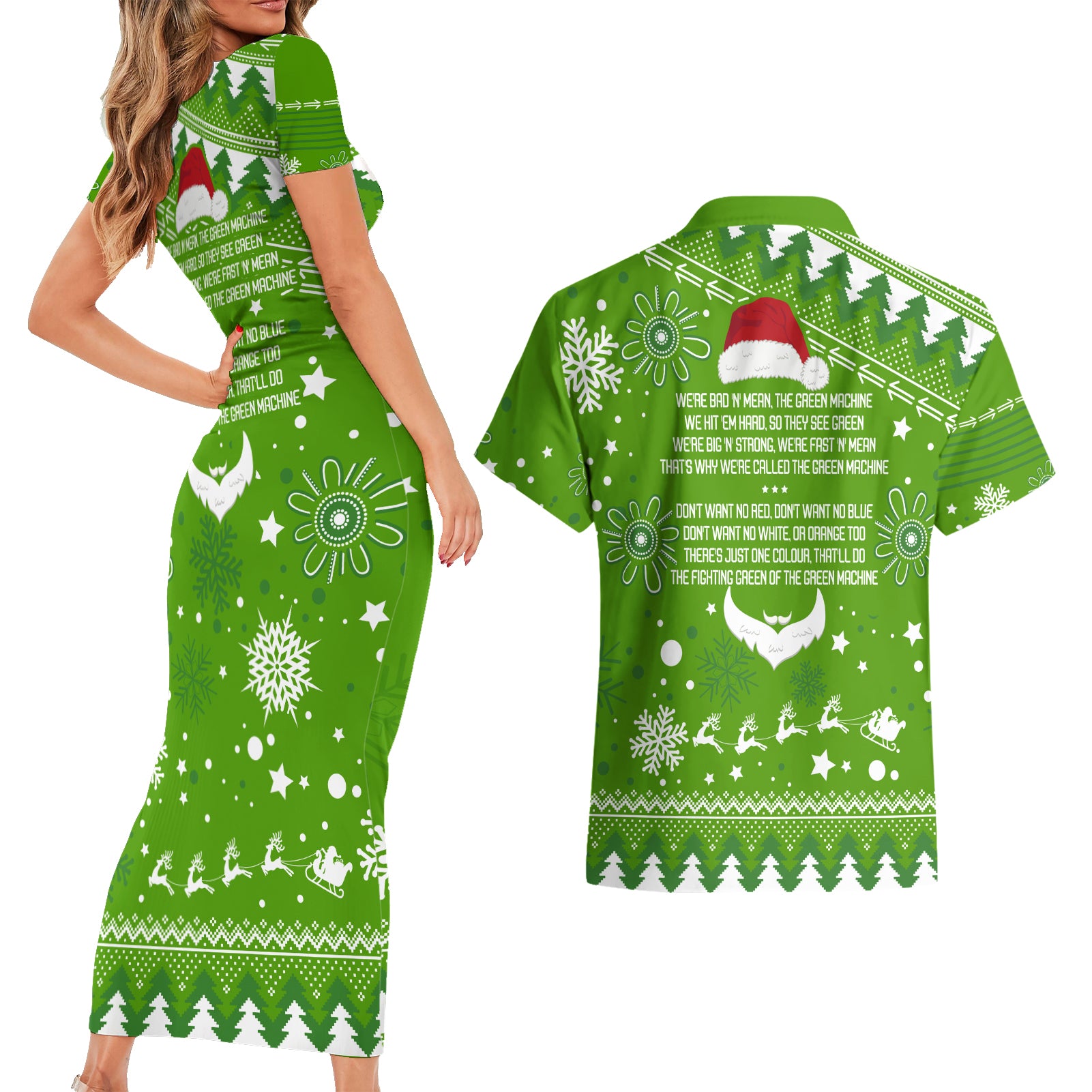 raiders-rugby-couples-matching-short-sleeve-bodycon-dress-and-hawaiian-shirt-the-mighty-green-machine-2023-christmas-vibe