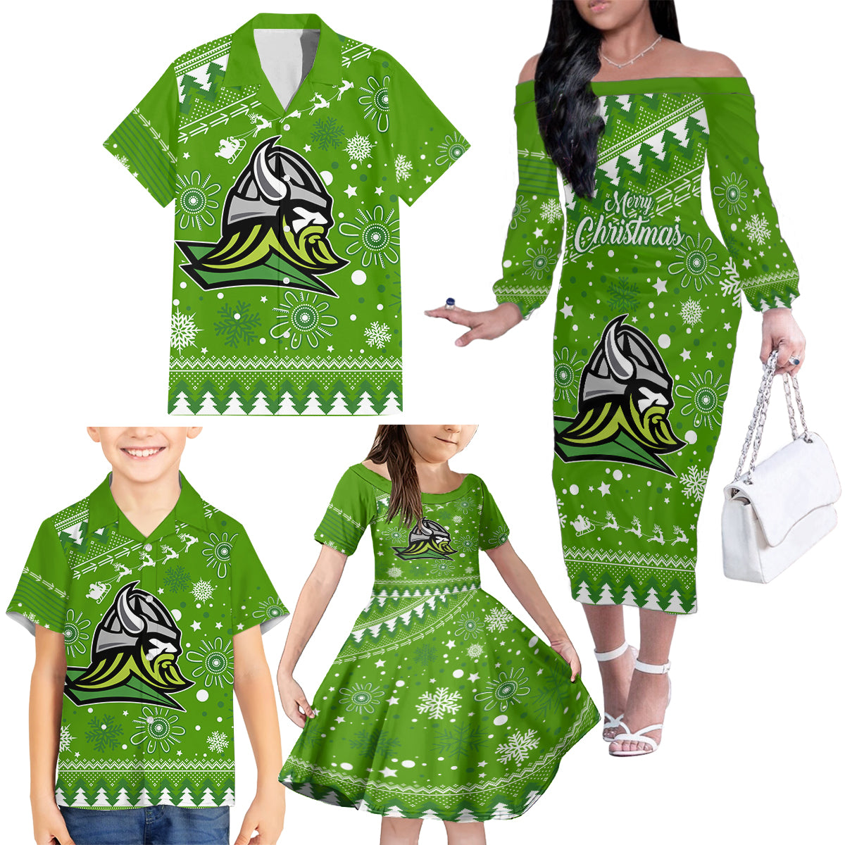 raiders-rugby-family-matching-off-shoulder-long-sleeve-dress-and-hawaiian-shirt-the-mighty-green-machine-2023-christmas-vibe