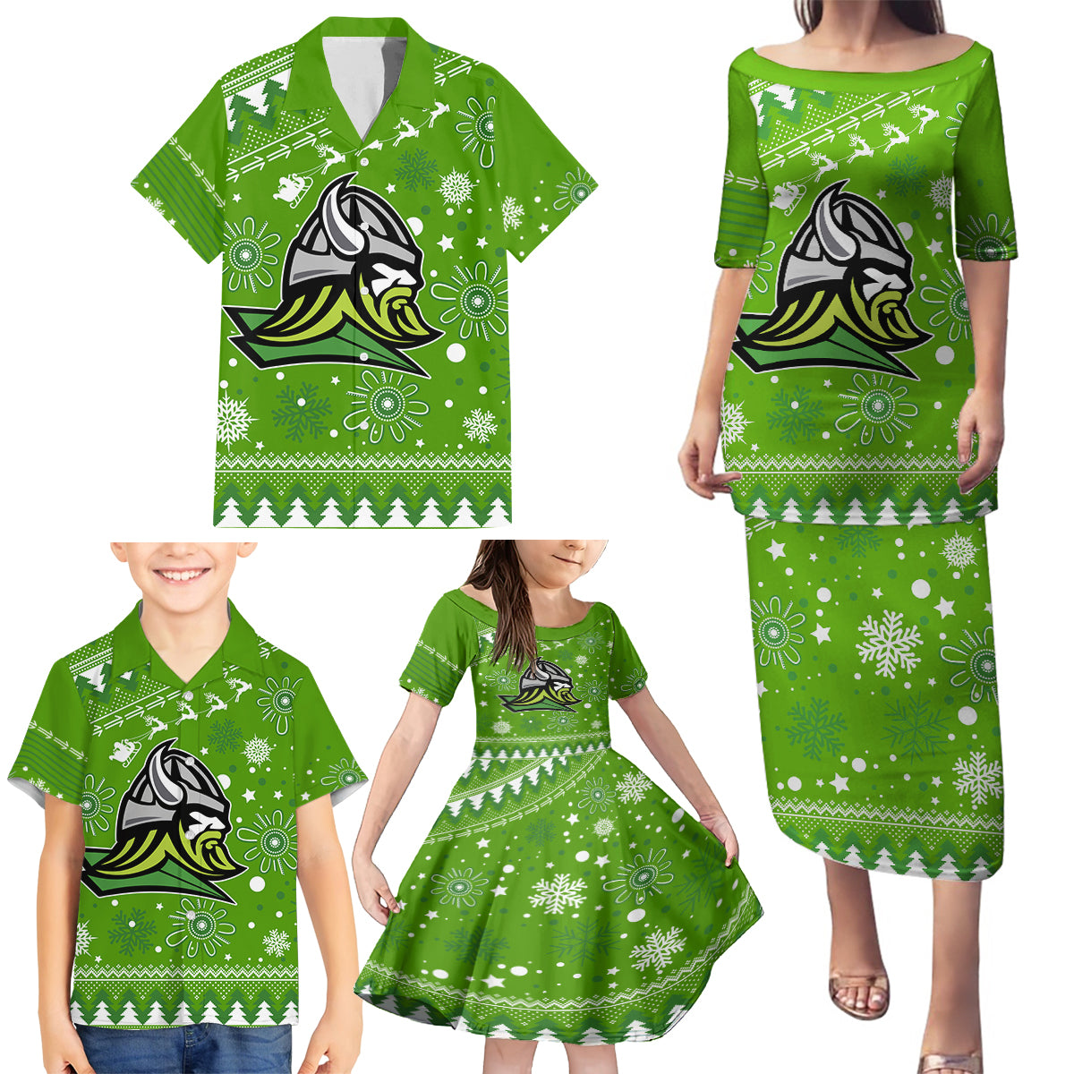 raiders-rugby-family-matching-puletasi-dress-and-hawaiian-shirt-the-mighty-green-machine-2023-christmas-vibe