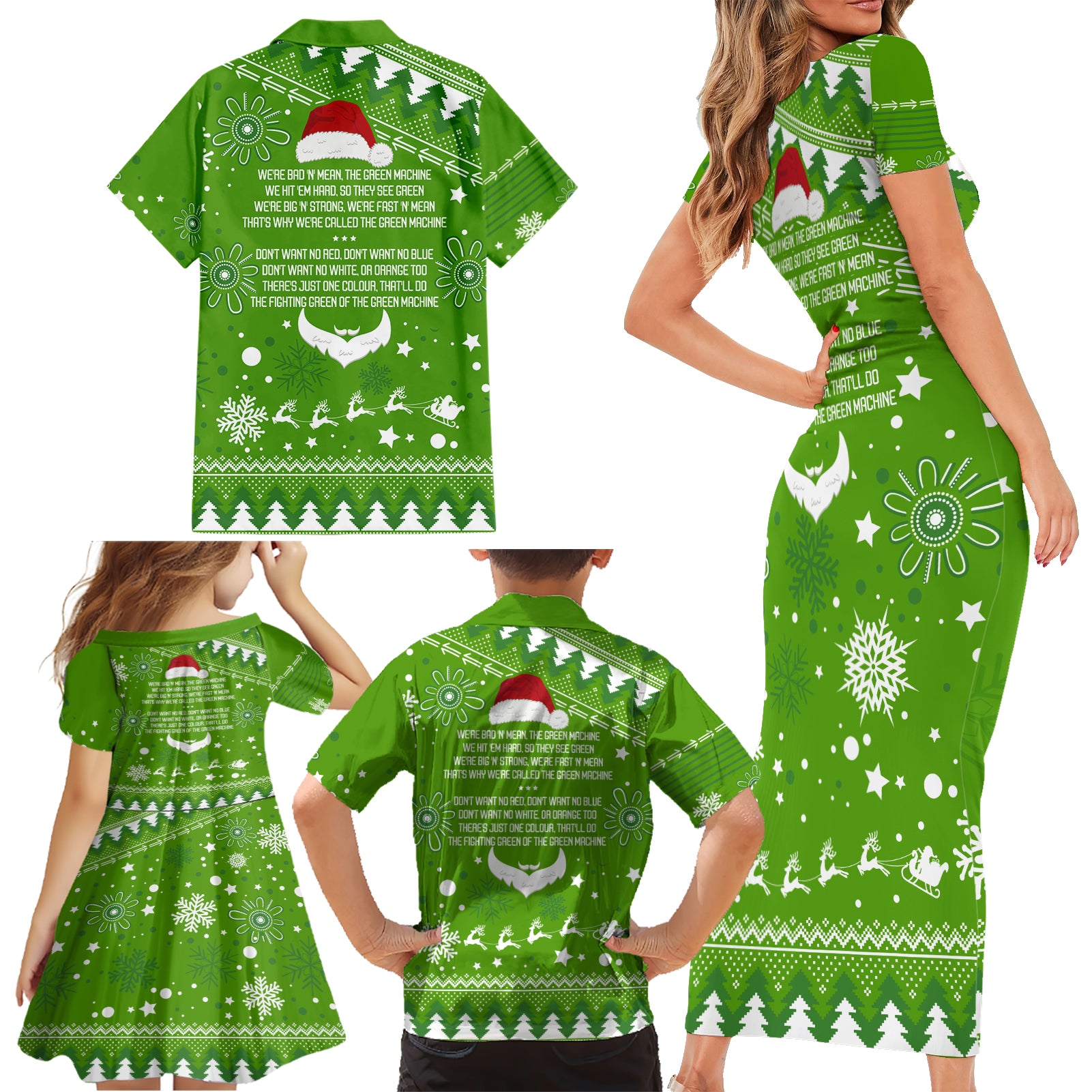 raiders-rugby-family-matching-short-sleeve-bodycon-dress-and-hawaiian-shirt-the-mighty-green-machine-2023-christmas-vibe