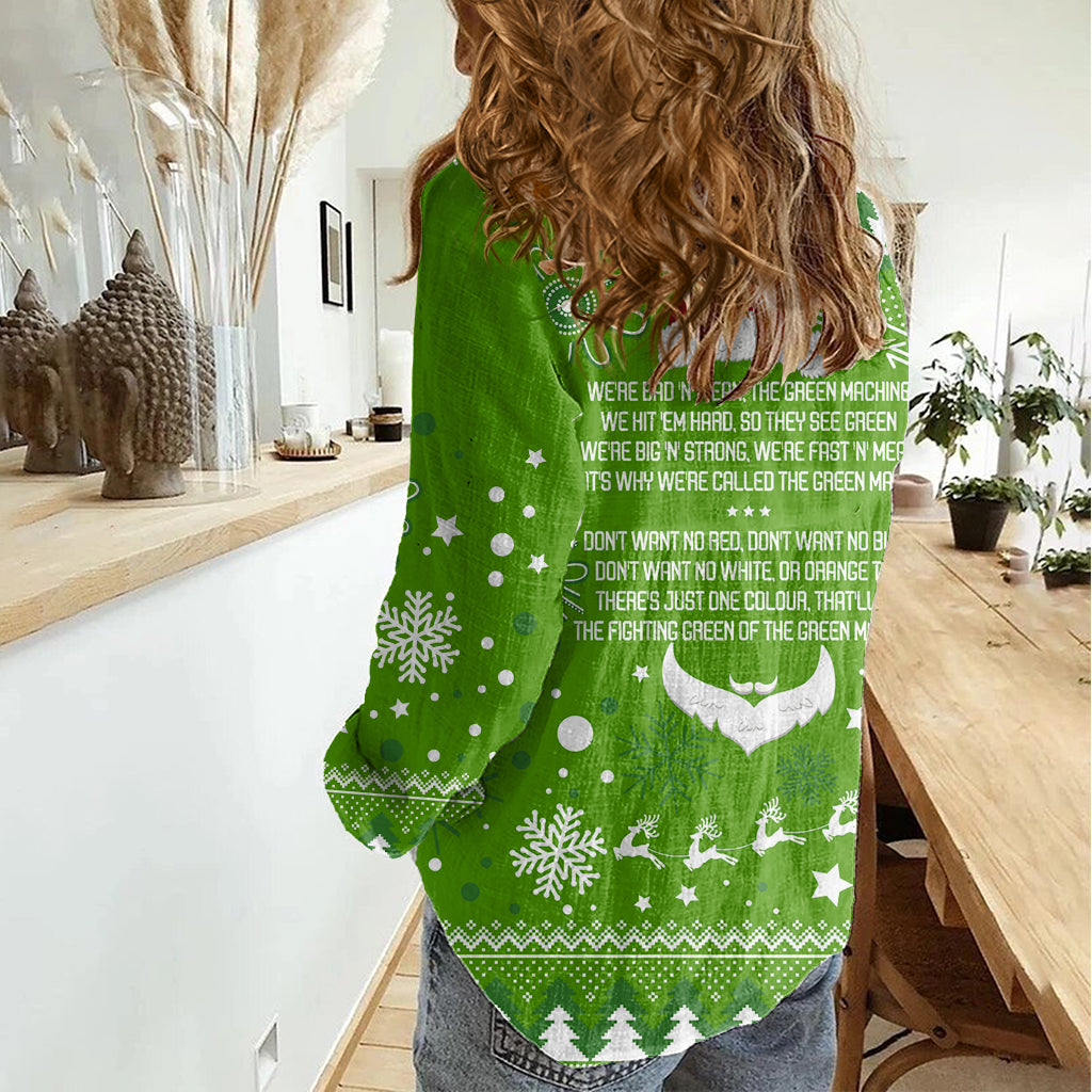 raiders-rugby-women-casual-shirt-the-mighty-green-machine-2023-christmas-vibe