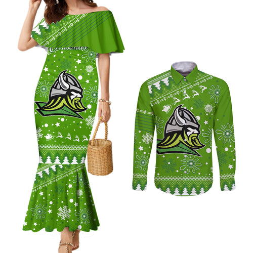 custom-raiders-rugby-couples-matching-mermaid-dress-and-long-sleeve-button-shirt-the-mighty-green-machine-2023-christmas-vibe