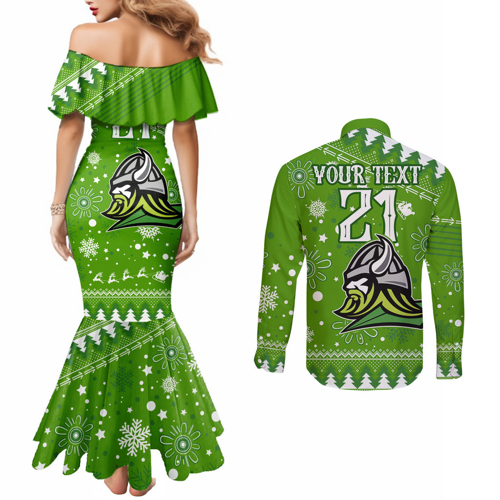 custom-raiders-rugby-couples-matching-mermaid-dress-and-long-sleeve-button-shirt-the-mighty-green-machine-2023-christmas-vibe