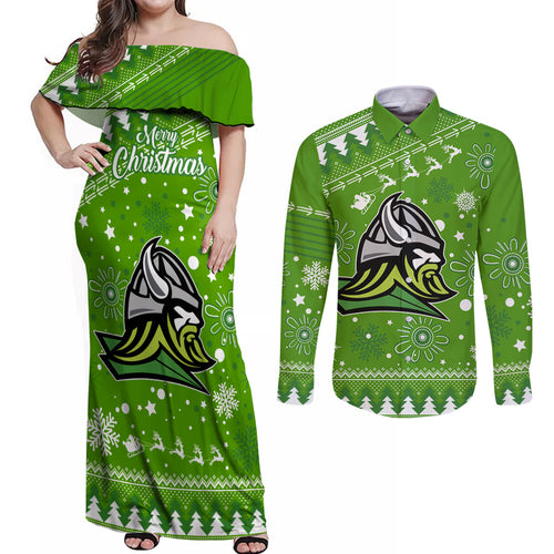 custom-raiders-rugby-couples-matching-off-shoulder-maxi-dress-and-long-sleeve-button-shirt-the-mighty-green-machine-2023-christmas-vibe