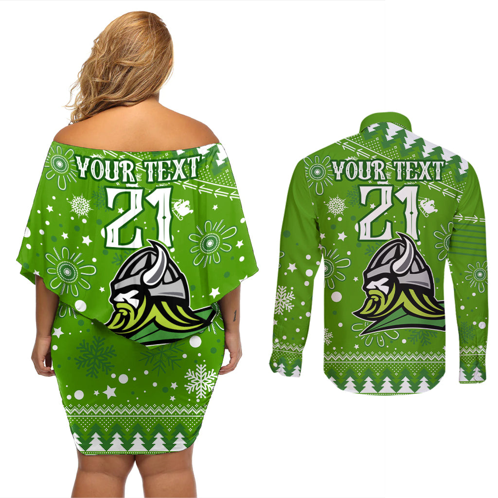custom-raiders-rugby-couples-matching-off-shoulder-short-dress-and-long-sleeve-button-shirt-the-mighty-green-machine-2023-christmas-vibe