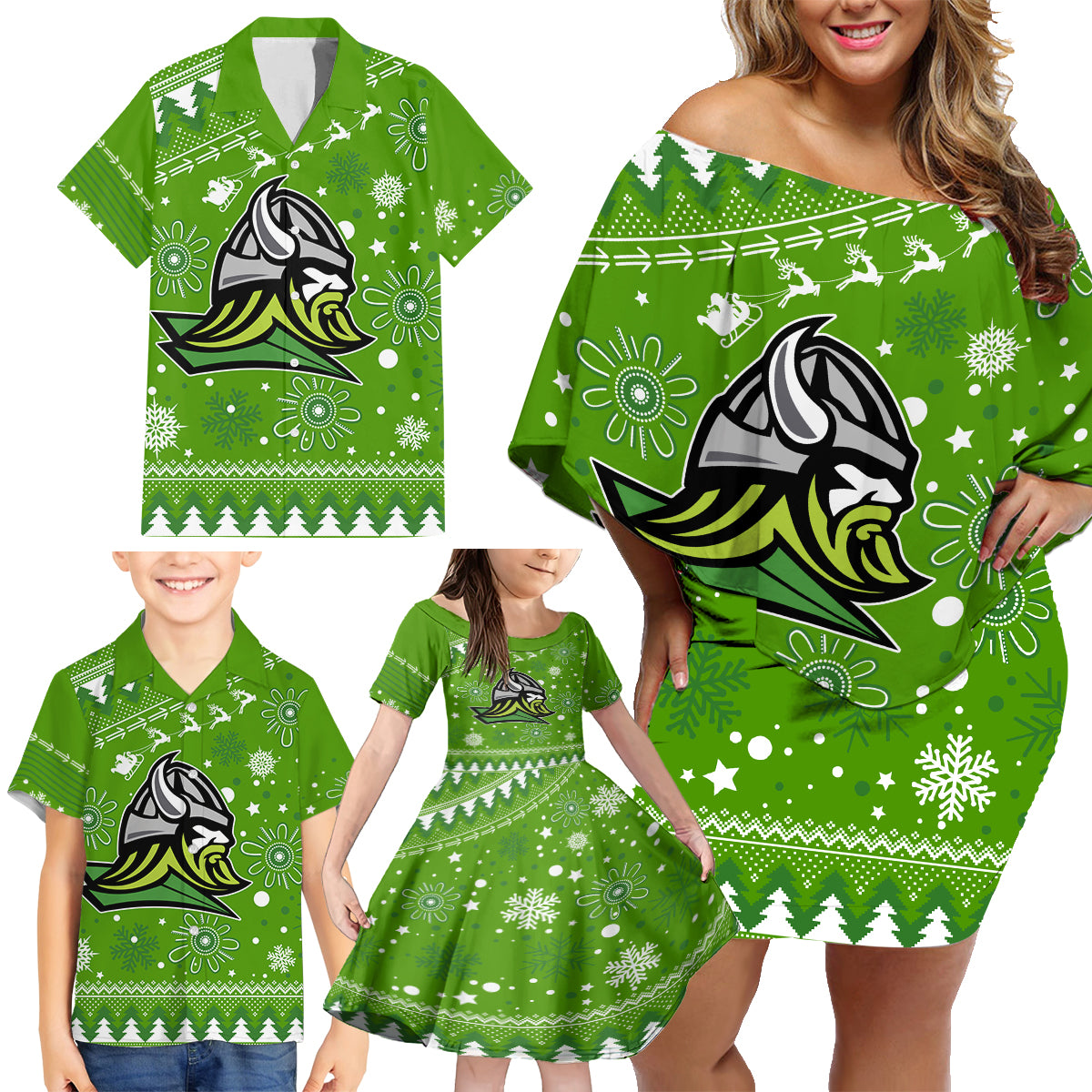 custom-raiders-rugby-family-matching-off-shoulder-short-dress-and-hawaiian-shirt-the-mighty-green-machine-2023-christmas-vibe