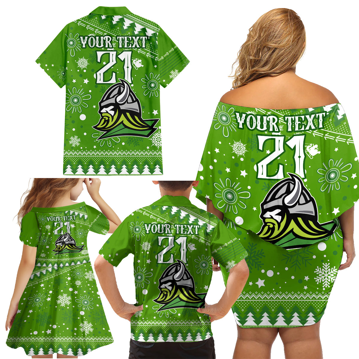 custom-raiders-rugby-family-matching-off-shoulder-short-dress-and-hawaiian-shirt-the-mighty-green-machine-2023-christmas-vibe