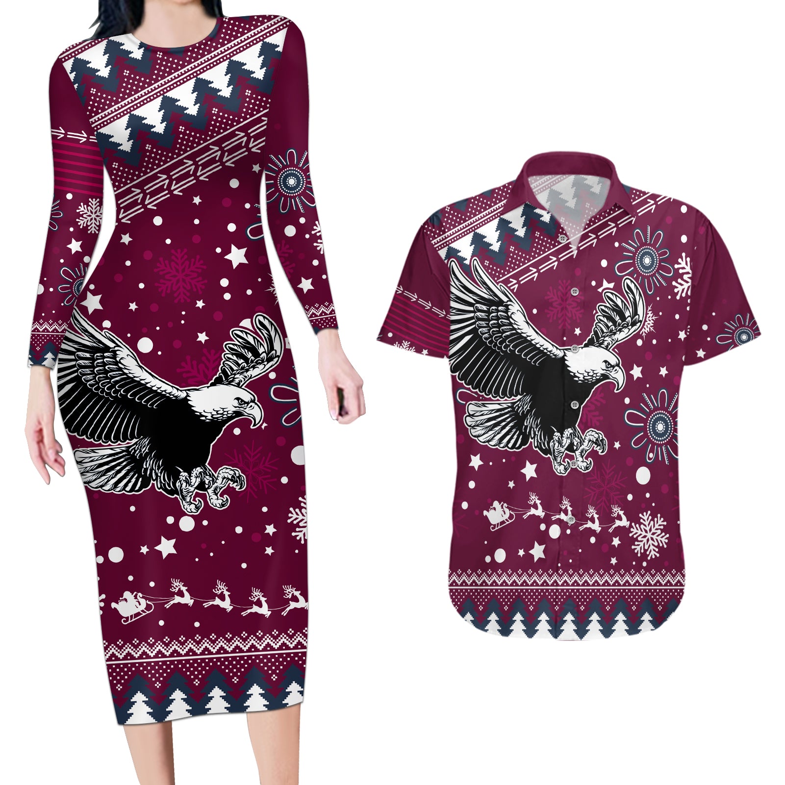 sea-eagles-rugby-couples-matching-long-sleeve-bodycon-dress-and-hawaiian-shirt-manly-boys-victory-2023-christmas-vibe