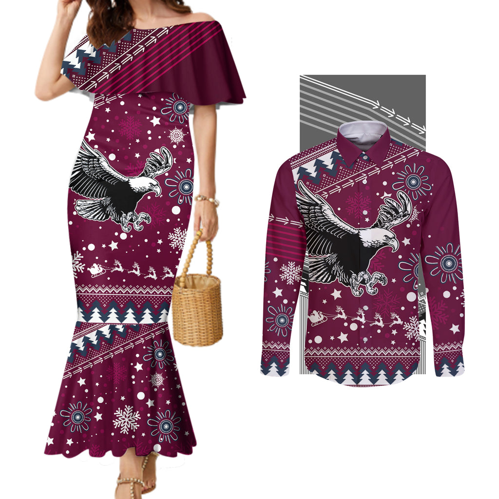 sea-eagles-rugby-couples-matching-mermaid-dress-and-long-sleeve-button-shirt-manly-boys-victory-2023-christmas-vibe