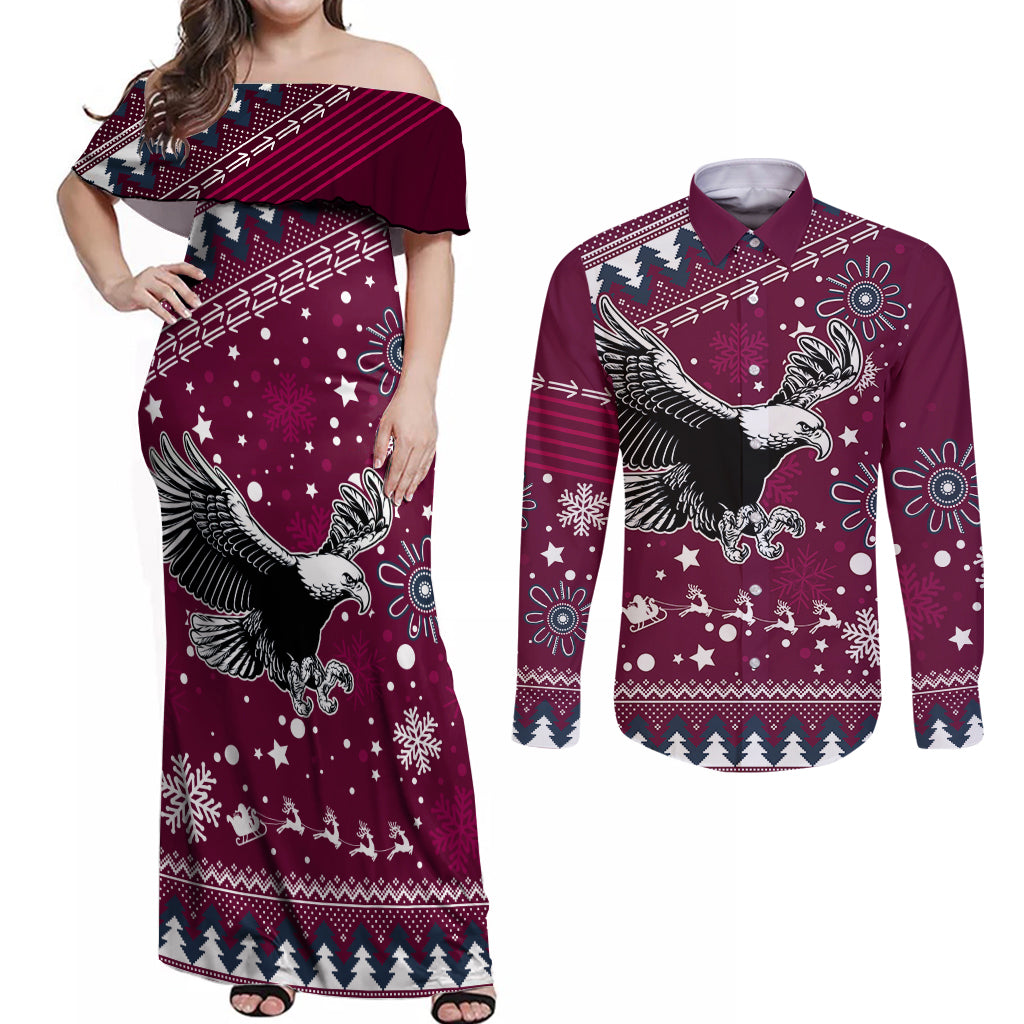 sea-eagles-rugby-couples-matching-off-shoulder-maxi-dress-and-long-sleeve-button-shirt-manly-boys-victory-2023-christmas-vibe