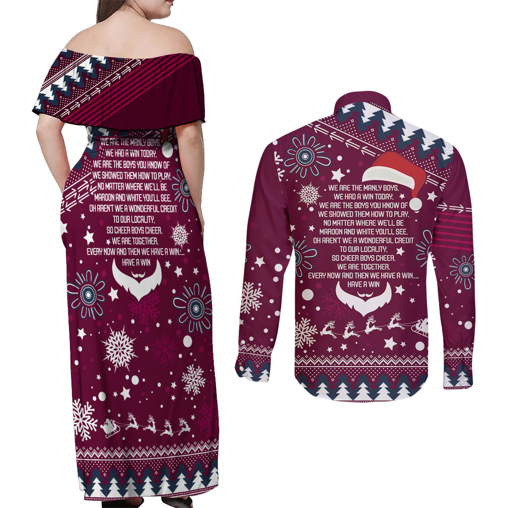 sea-eagles-rugby-couples-matching-off-shoulder-maxi-dress-and-long-sleeve-button-shirt-manly-boys-victory-2023-christmas-vibe
