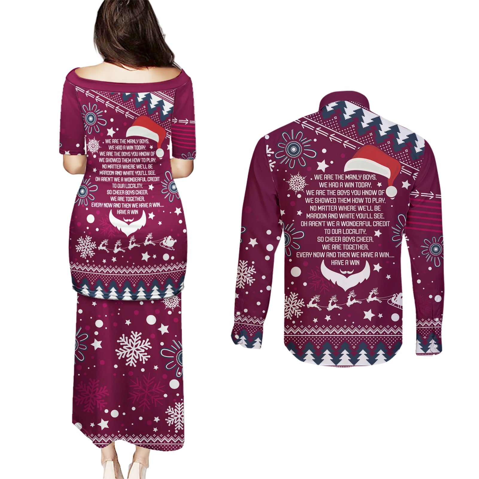 sea-eagles-rugby-couples-matching-puletasi-dress-and-long-sleeve-button-shirt-manly-boys-victory-2023-christmas-vibe