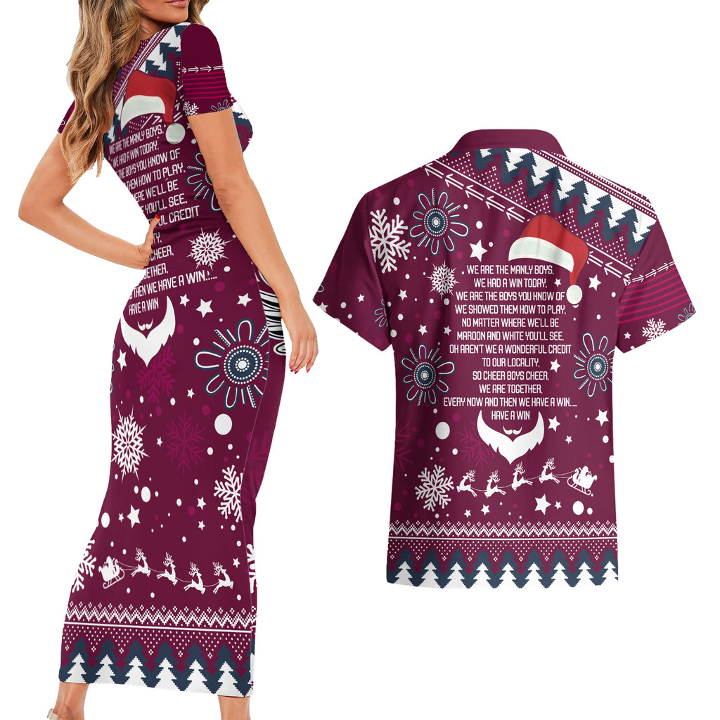 sea-eagles-rugby-couples-matching-short-sleeve-bodycon-dress-and-hawaiian-shirt-manly-boys-victory-2023-christmas-vibe