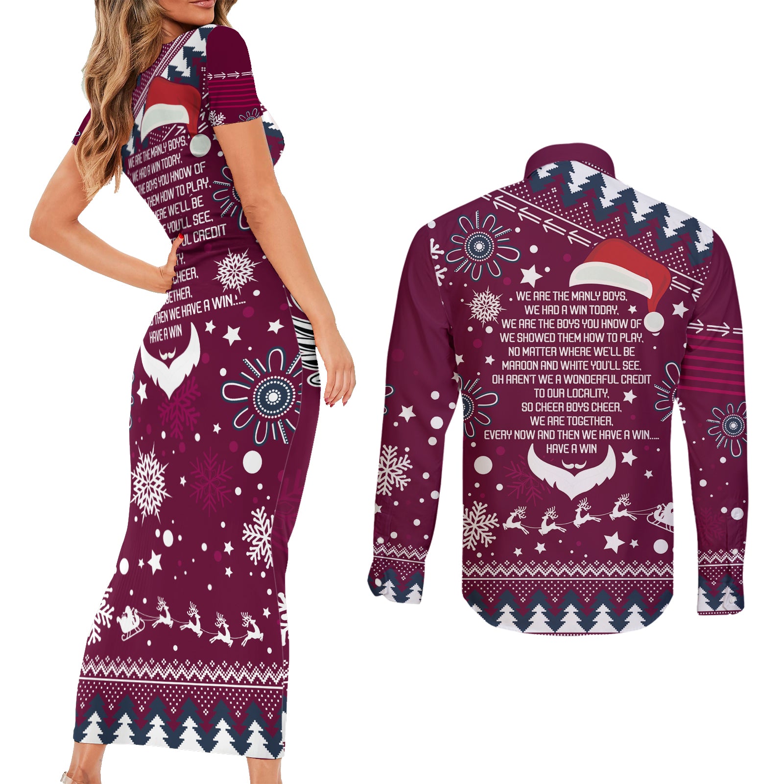 sea-eagles-rugby-couples-matching-short-sleeve-bodycon-dress-and-long-sleeve-button-shirt-manly-boys-victory-2023-christmas-vibe