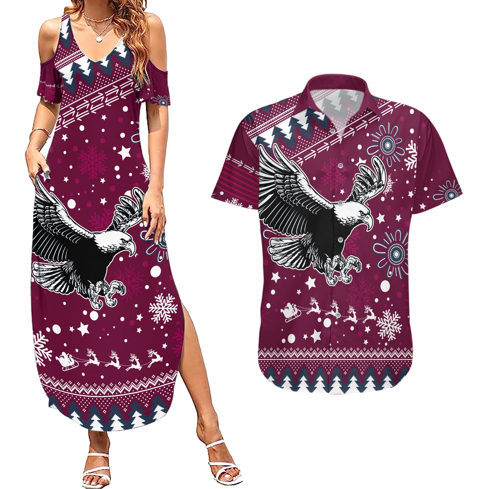 sea-eagles-rugby-couples-matching-summer-maxi-dress-and-hawaiian-shirt-manly-boys-victory-2023-christmas-vibe