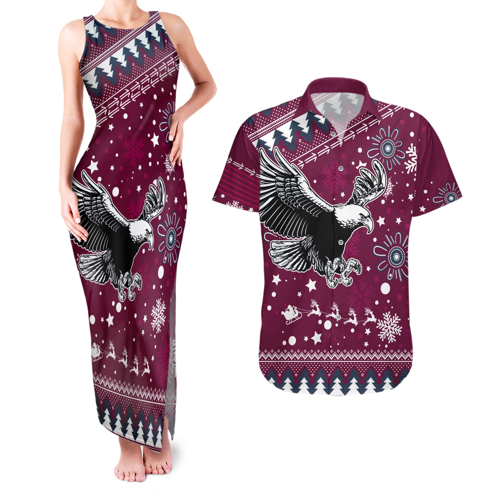 sea-eagles-rugby-couples-matching-tank-maxi-dress-and-hawaiian-shirt-manly-boys-victory-2023-christmas-vibe