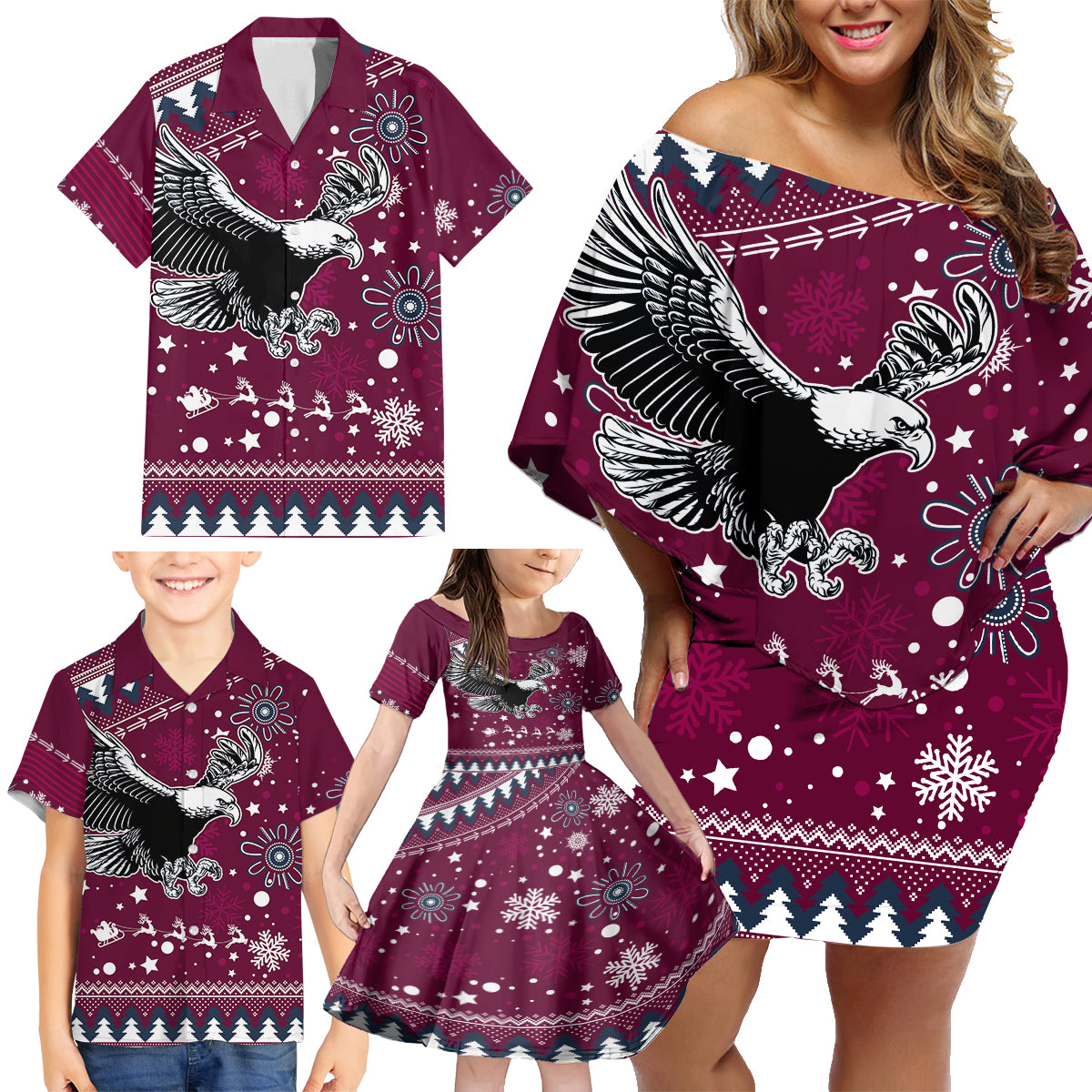 sea-eagles-rugby-family-matching-off-shoulder-short-dress-and-hawaiian-shirt-manly-boys-victory-2023-christmas-vibe