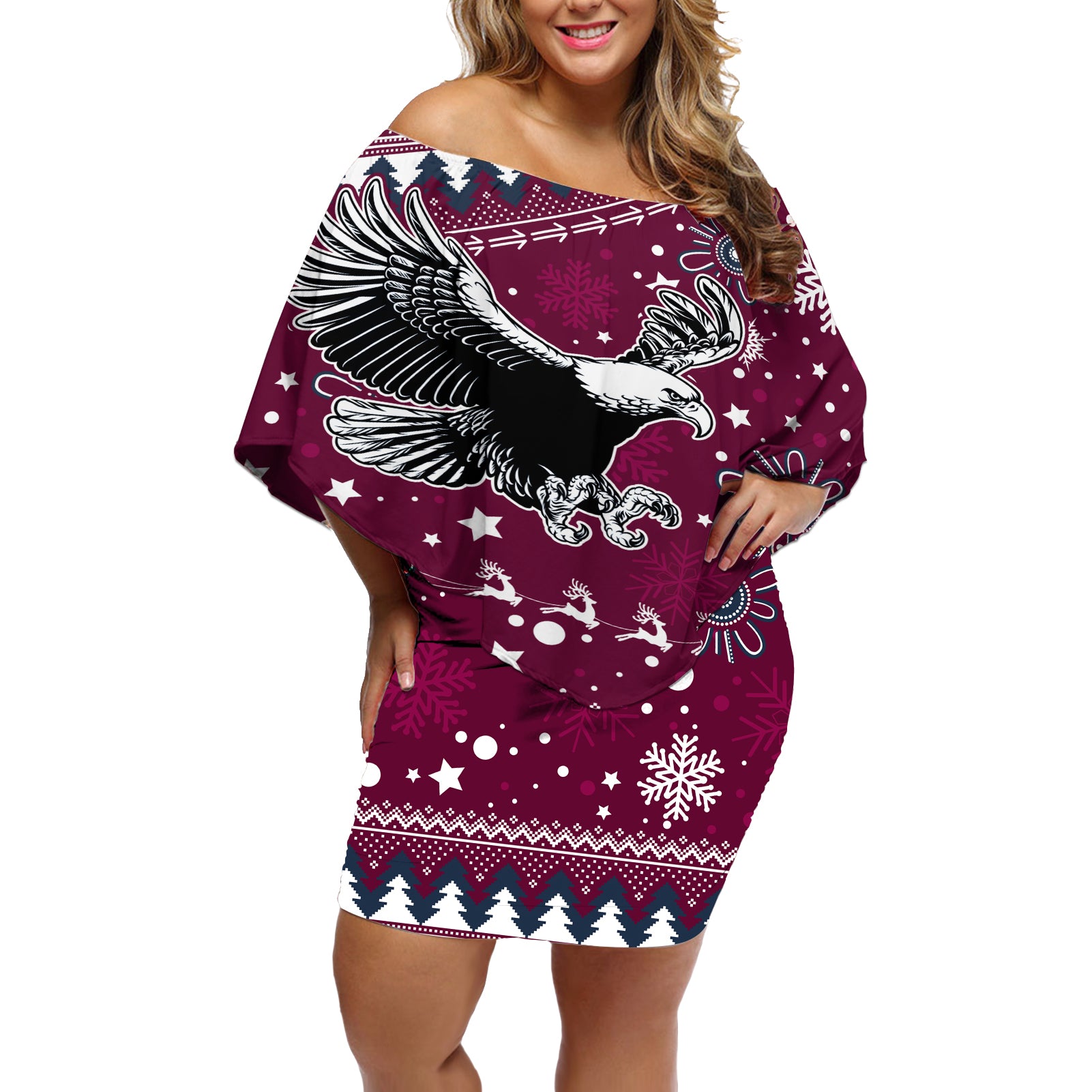 sea-eagles-rugby-off-shoulder-short-dress-manly-boys-victory-2023-christmas-vibe