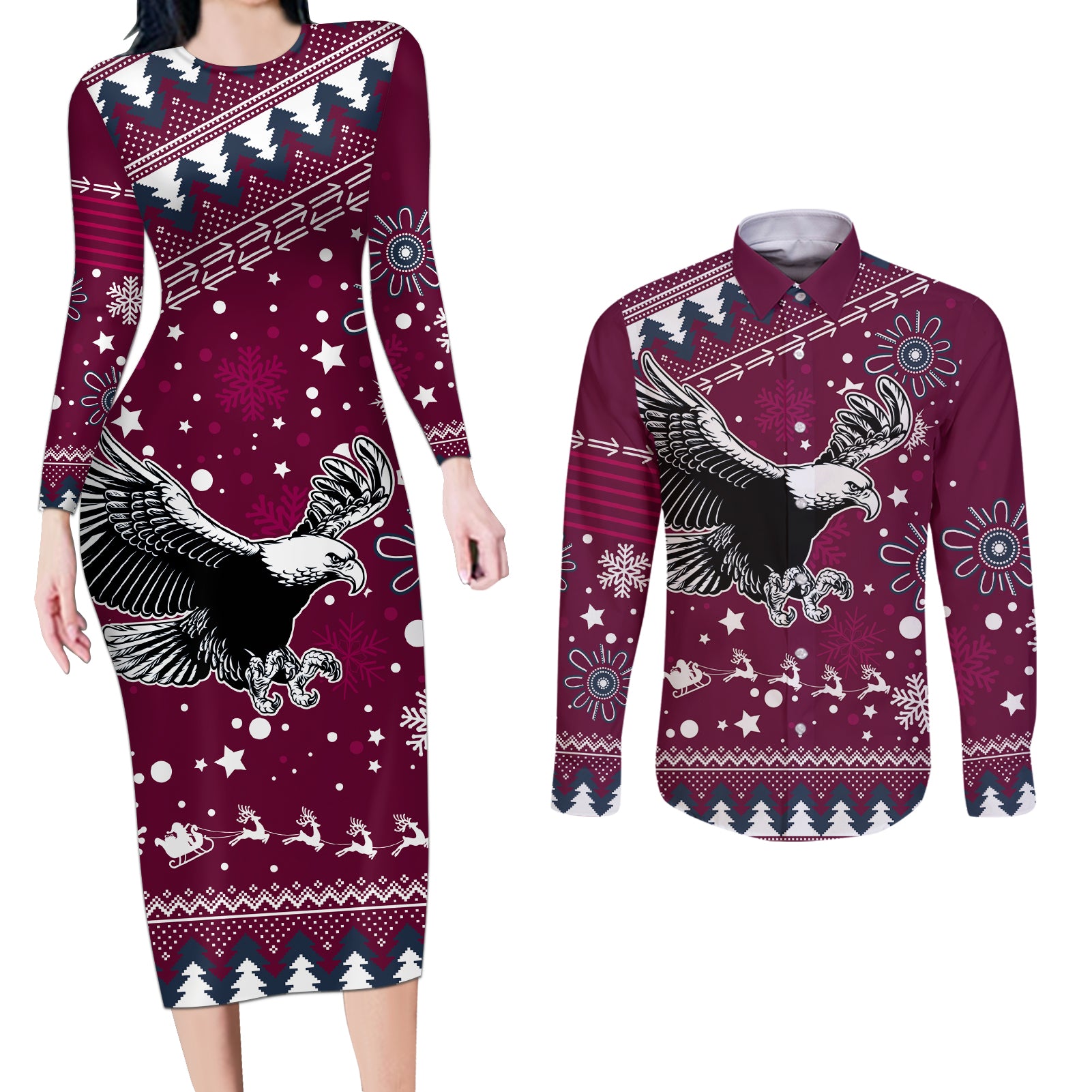 custom-sea-eagles-rugby-couples-matching-long-sleeve-bodycon-dress-and-long-sleeve-button-shirt-manly-boys-victory-2023-christmas-vibe