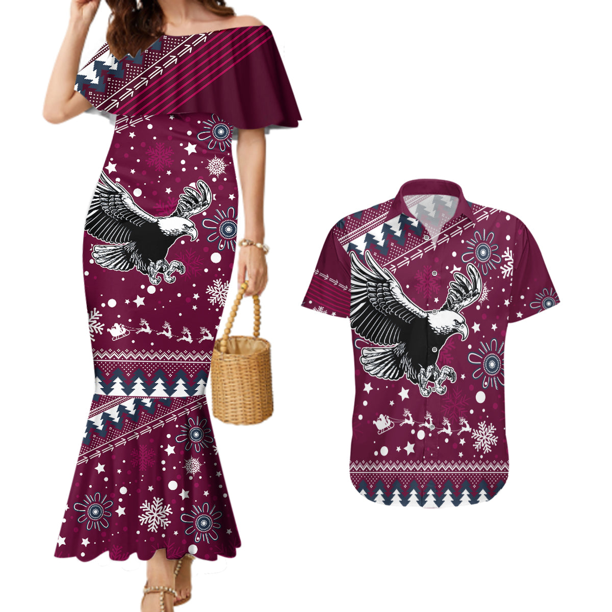 custom-sea-eagles-rugby-couples-matching-mermaid-dress-and-hawaiian-shirt-manly-boys-victory-2023-christmas-vibe