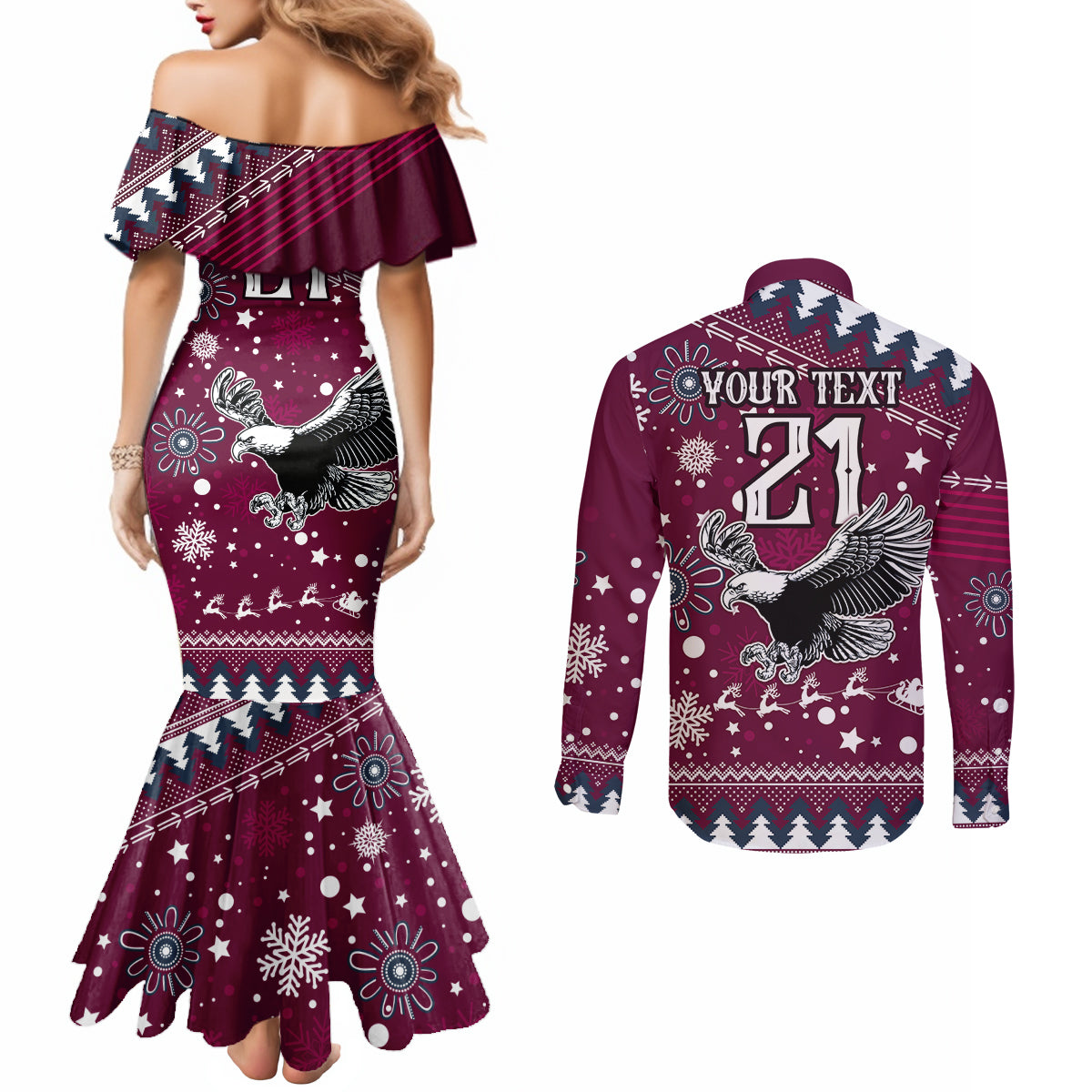 custom-sea-eagles-rugby-couples-matching-mermaid-dress-and-long-sleeve-button-shirt-manly-boys-victory-2023-christmas-vibe
