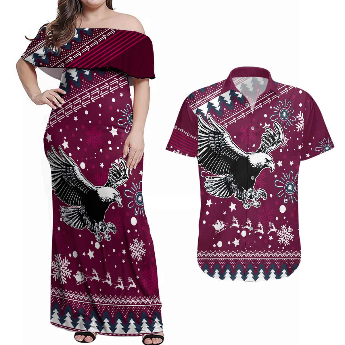 custom-sea-eagles-rugby-couples-matching-off-shoulder-maxi-dress-and-hawaiian-shirt-manly-boys-victory-2023-christmas-vibe