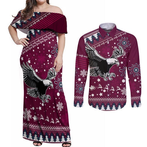 custom-sea-eagles-rugby-couples-matching-off-shoulder-maxi-dress-and-long-sleeve-button-shirt-manly-boys-victory-2023-christmas-vibe