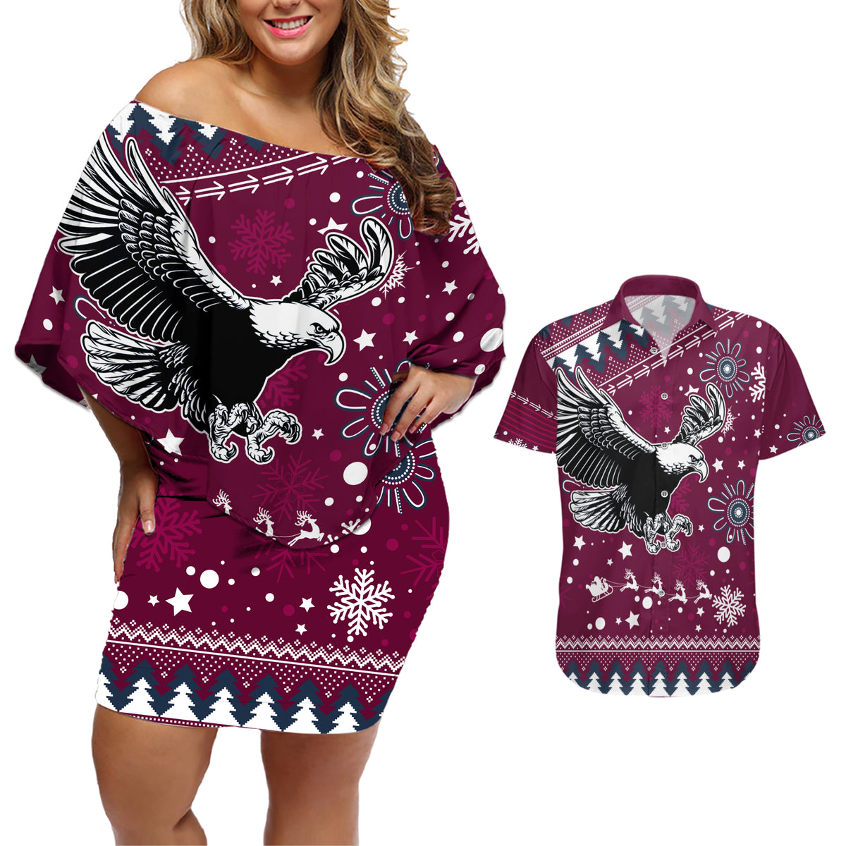 custom-sea-eagles-rugby-couples-matching-off-shoulder-short-dress-and-hawaiian-shirt-manly-boys-victory-2023-christmas-vibe