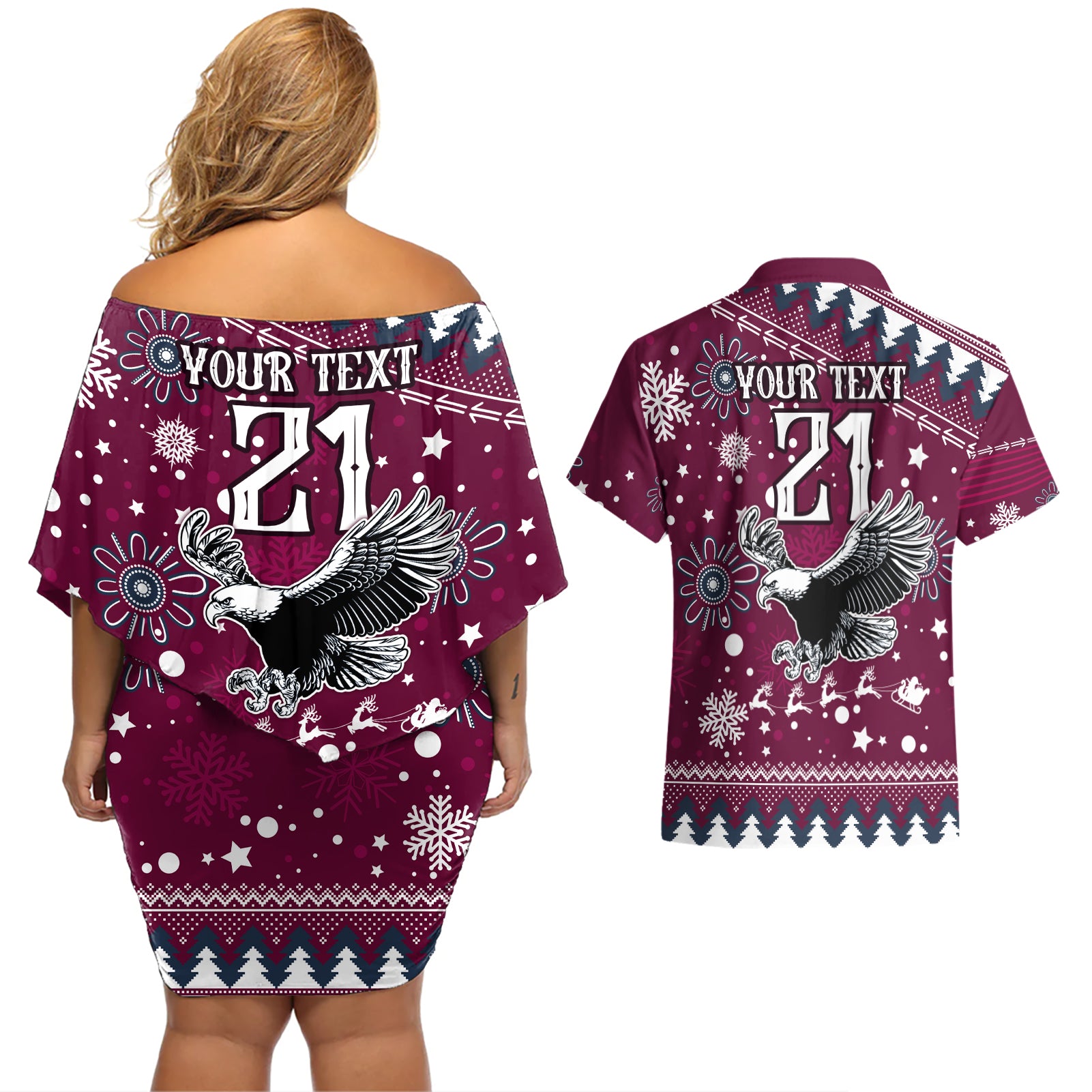 custom-sea-eagles-rugby-couples-matching-off-shoulder-short-dress-and-hawaiian-shirt-manly-boys-victory-2023-christmas-vibe
