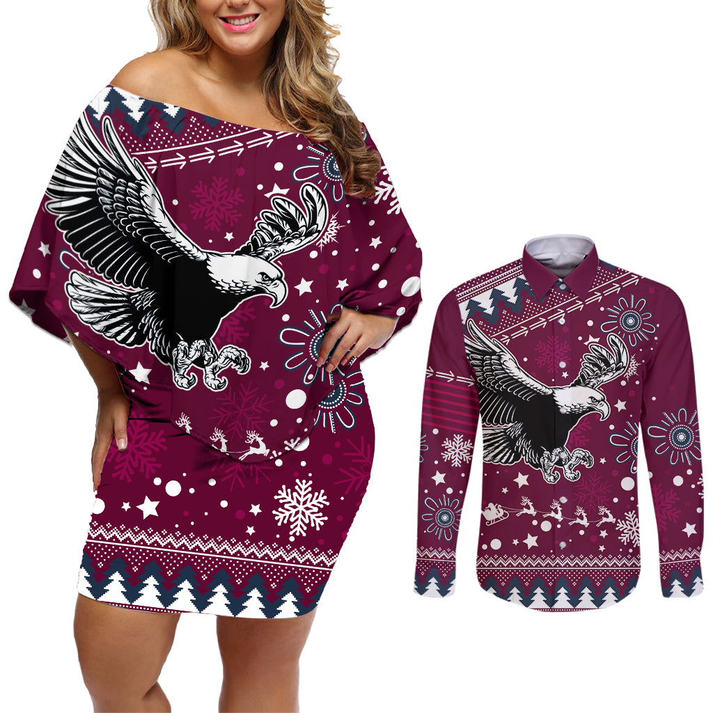 custom-sea-eagles-rugby-couples-matching-off-shoulder-short-dress-and-long-sleeve-button-shirt-manly-boys-victory-2023-christmas-vibe